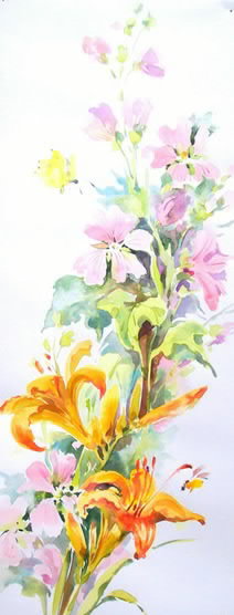 Мальва и лилии Ольга Цурина - желтый, розовый, лилия, мальва, цветы, букет - оригинал
