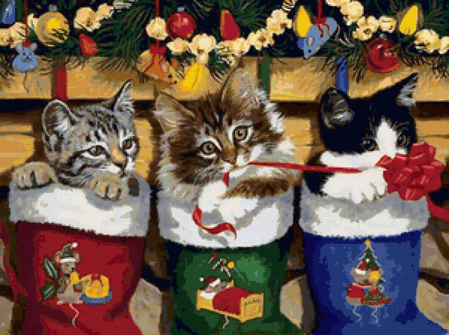 котята - кошки, животные, картина, новый год, кошка, коты, котики - предпросмотр