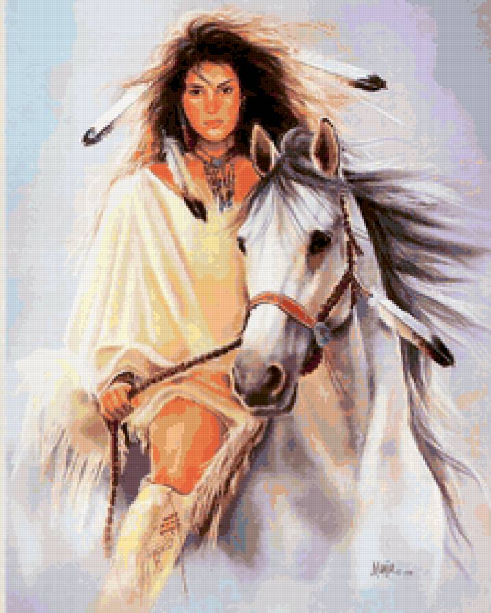 девушка на лошади - девушки, картина, лошадь, женщина, индейцы, женственность, образ - предпросмотр