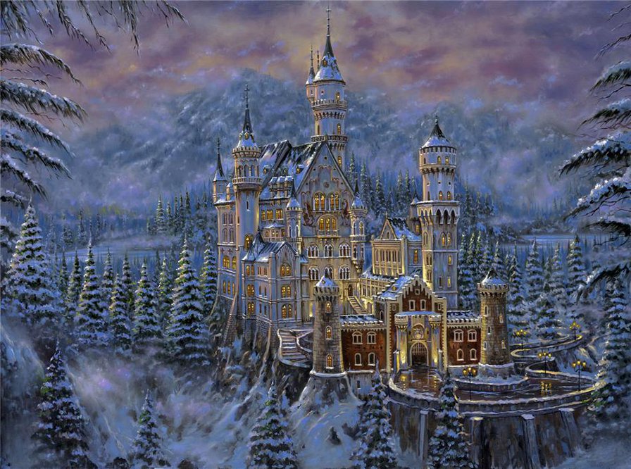 замок - пейзаж, зима, картина - оригинал