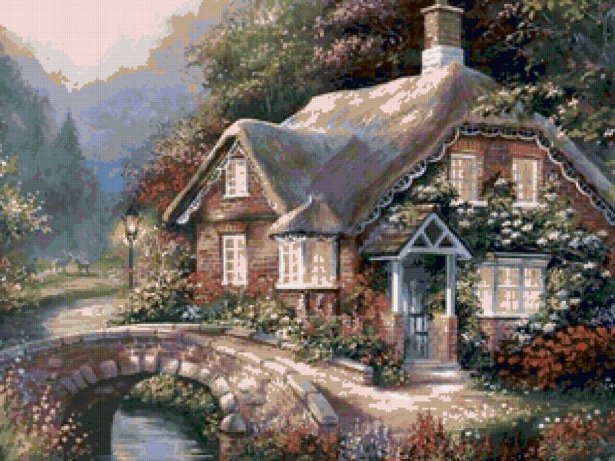 78 - пейзаж, картина, река, дом, мост, лето - предпросмотр