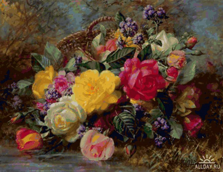 корзина цветов - букет, корзина, живопись, цветы - предпросмотр