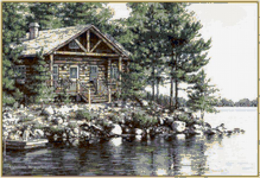 Домик и ели - природа, река, дом - предпросмотр