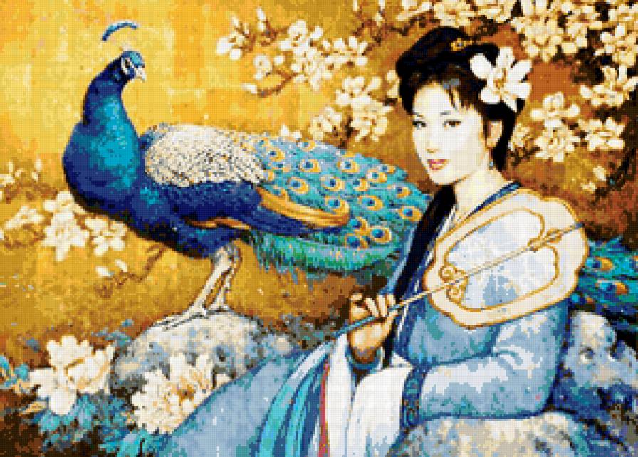 девушка - девушки, женщина, восток, павлин, образ, картина, портрет - предпросмотр