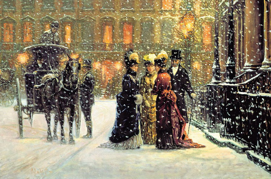 СЕРИЯ  "АЛАН МАЛЕЙ". СНЕГОПАД - экипаж, дом, свет в окнах, зима, дамы, снег, кучер, разговор - оригинал