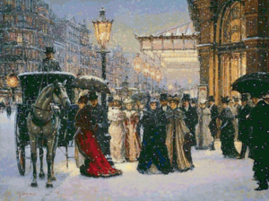 СЕРИЯ  "АЛАН МАЛЕЙ". ЭКИПАЖ - зима, дамы, экипаж, лошади, снег, пара, кучер, фонарь - предпросмотр