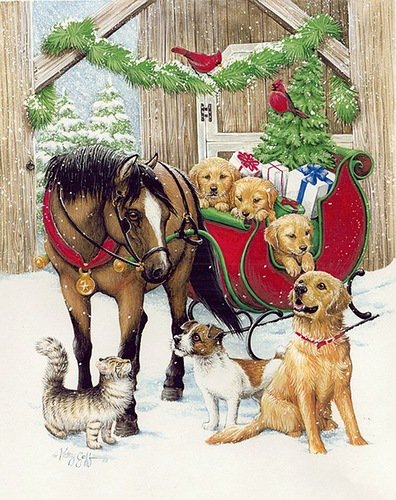 зимняя прогулка - лошадь, елка, сани, собаки - оригинал