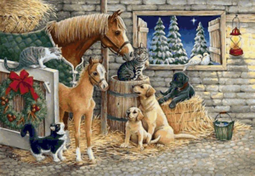 рождественская ночь - кошки, собаки, лошадь - предпросмотр