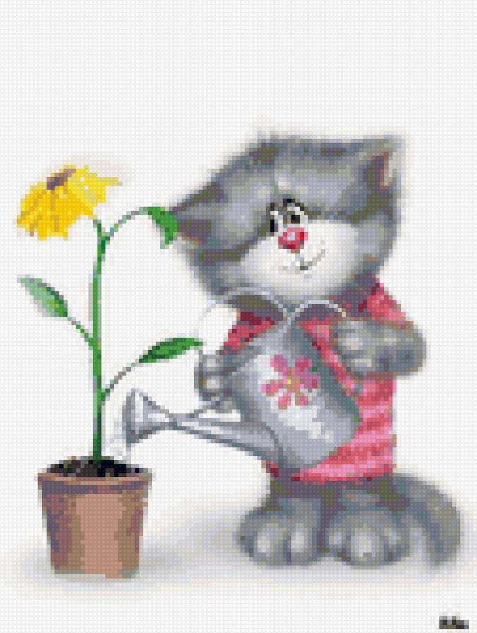 Кот-садовод - рисунок, цветок, детям, кот - предпросмотр