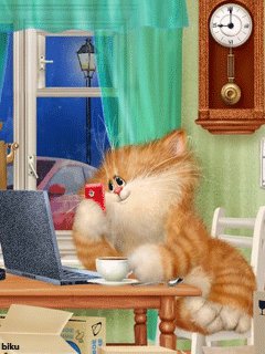 Кот за компьютером - кот, рисунок, детям - оригинал
