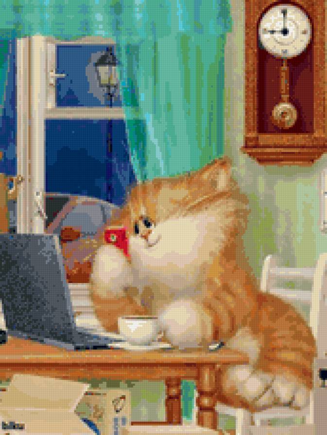 Кот за компьютером - рисунок, кот, детям - предпросмотр