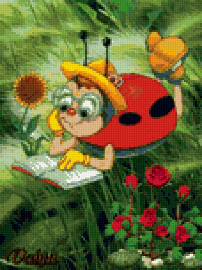 Любопытный жук - растения, рисунок, жук, детям, божья коровка - предпросмотр