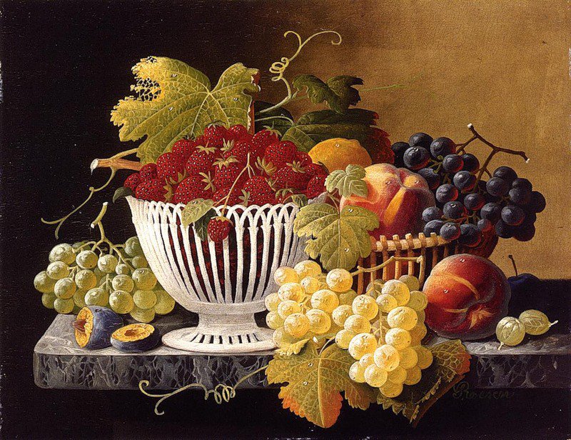 Натюрморт с фруктами - малина, виноград, фрукты, ягоды - оригинал