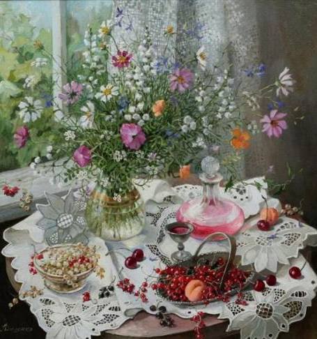 Натюрморт - у окна, цветы, л.доценко, ягоды - оригинал