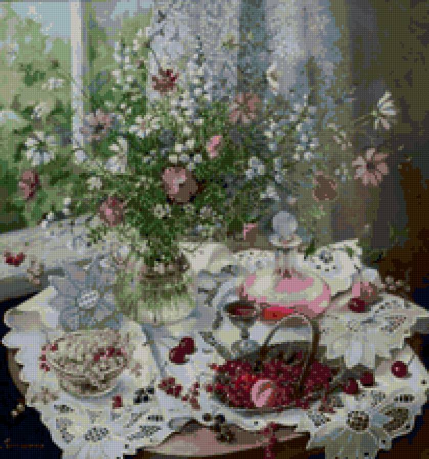 Натюрморт - цветы, л.доценко, ягоды, у окна - предпросмотр