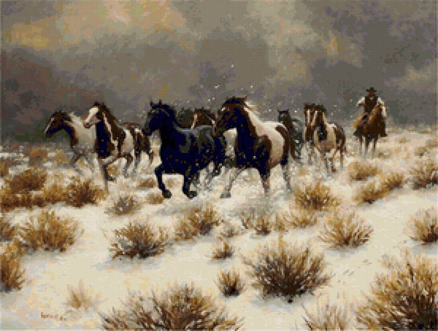 №79849 - природа, лошади, кони, живопись, животные, снег - предпросмотр