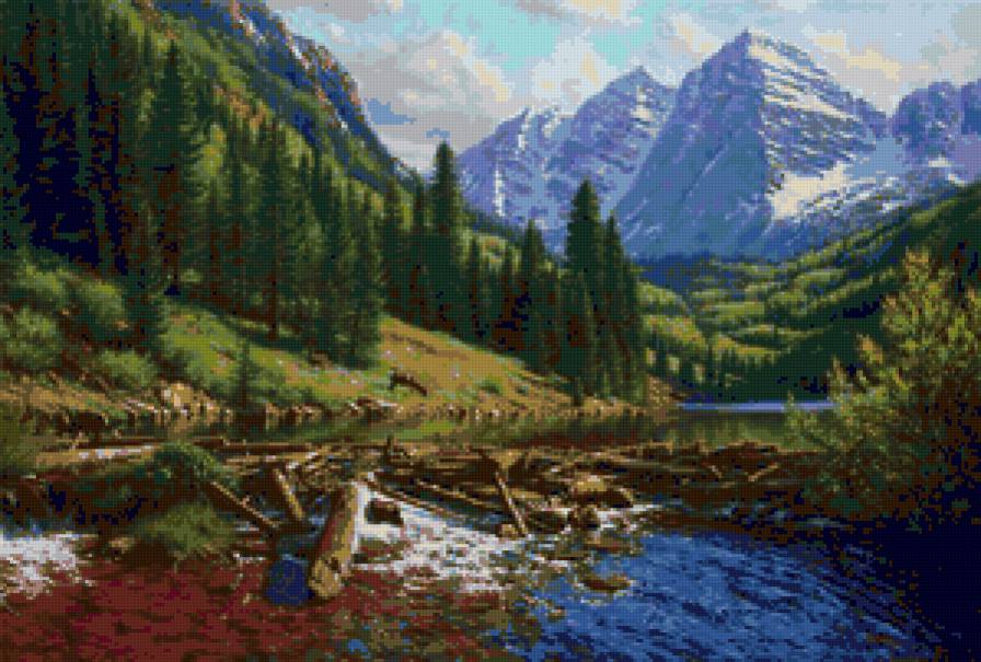 №79860 - пейзаж, река, горы, природа, живопись, деревья - предпросмотр