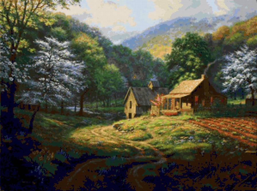 №79868 - природа, пейзаж, весна, цветы, живопись, дома, деревья - предпросмотр