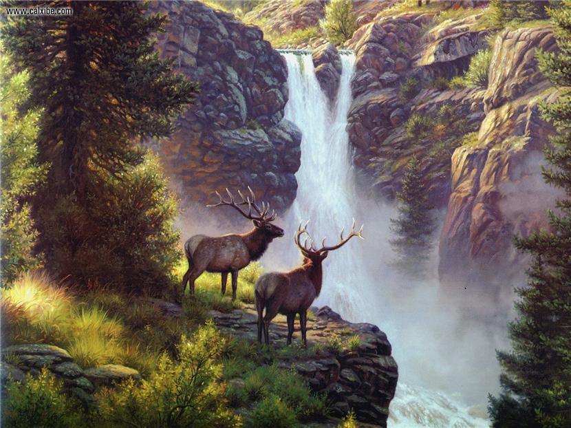 №79871 - горы, пейзаж, животные, водопад, олени, природа, живопись - оригинал