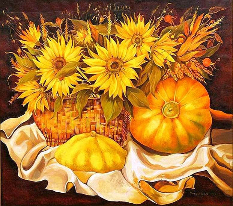 Осенний натюрморт - подсолнухи, тыквы, цветы, натюрморт, полевые цветы, подсолнух - оригинал