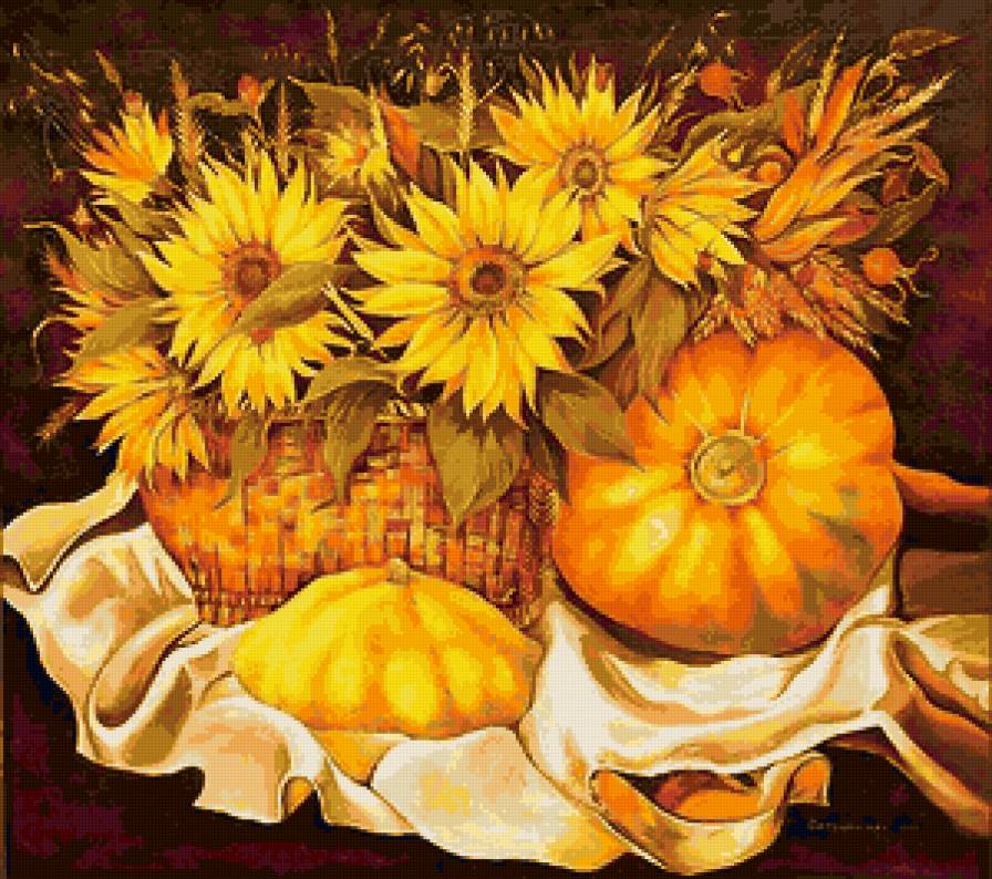 Осенний натюрморт - подсолнухи, подсолнух, цветы, полевые цветы, тыквы, натюрморт - предпросмотр