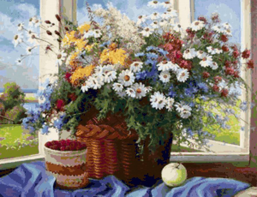 Полевые цветы и ягоды - натюрморт, ягоды, ромашка, колокольчики, ромашки, малина, цветы - предпросмотр