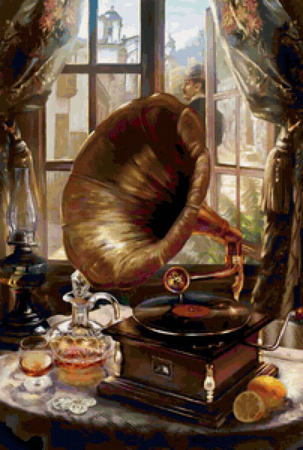 Старый патефон - живопись, фрукты, патефон - предпросмотр