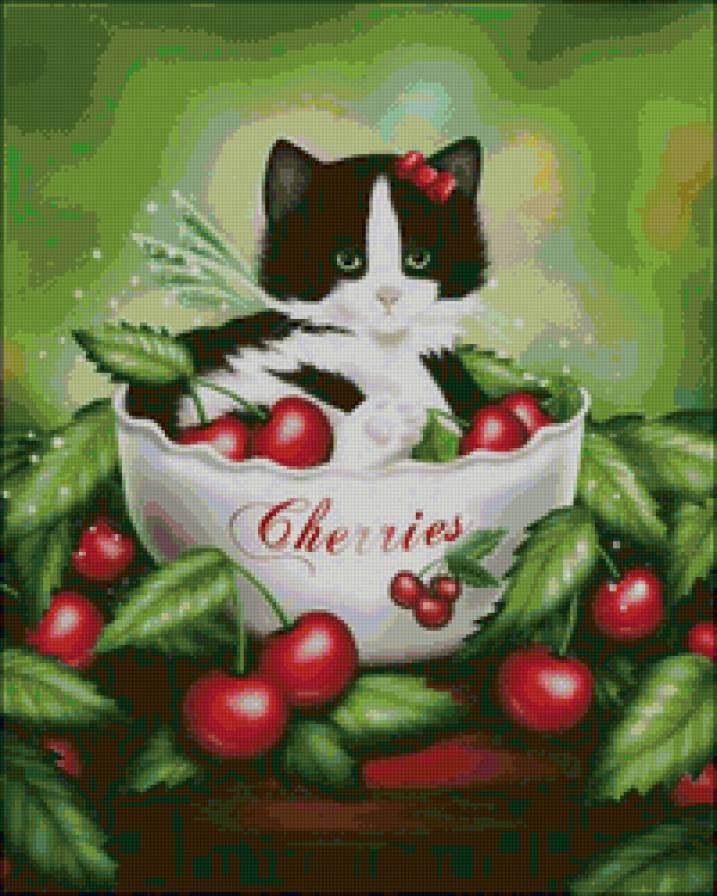 Котенок - животные, ягоды, коты, живопись - предпросмотр