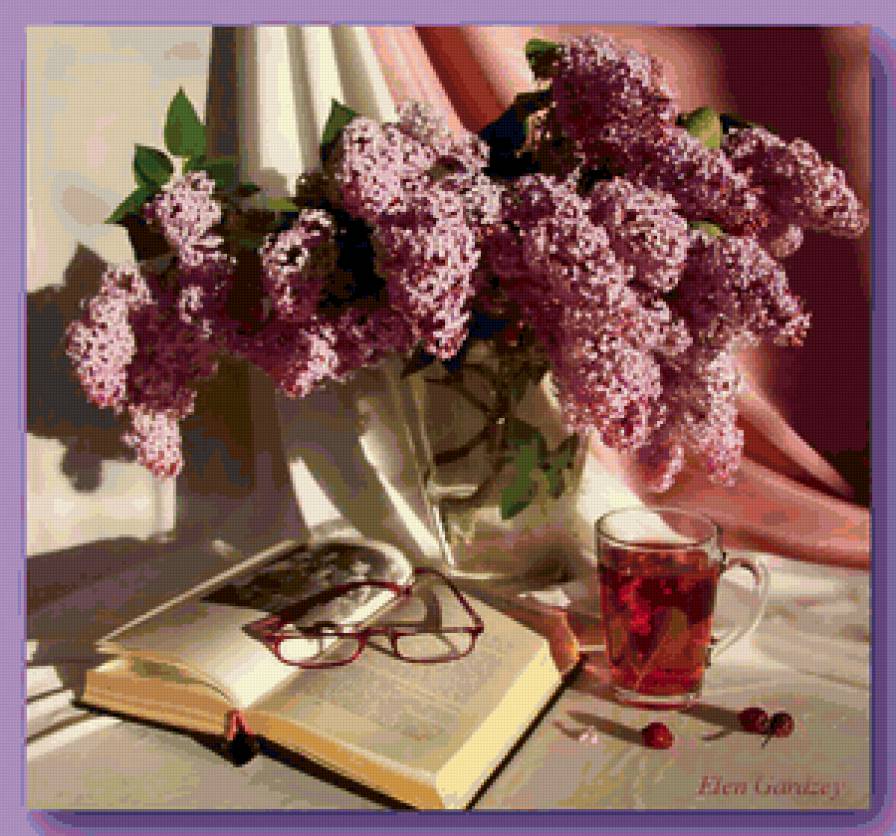 сирень на столе - натюрморт, картина, цветы - предпросмотр