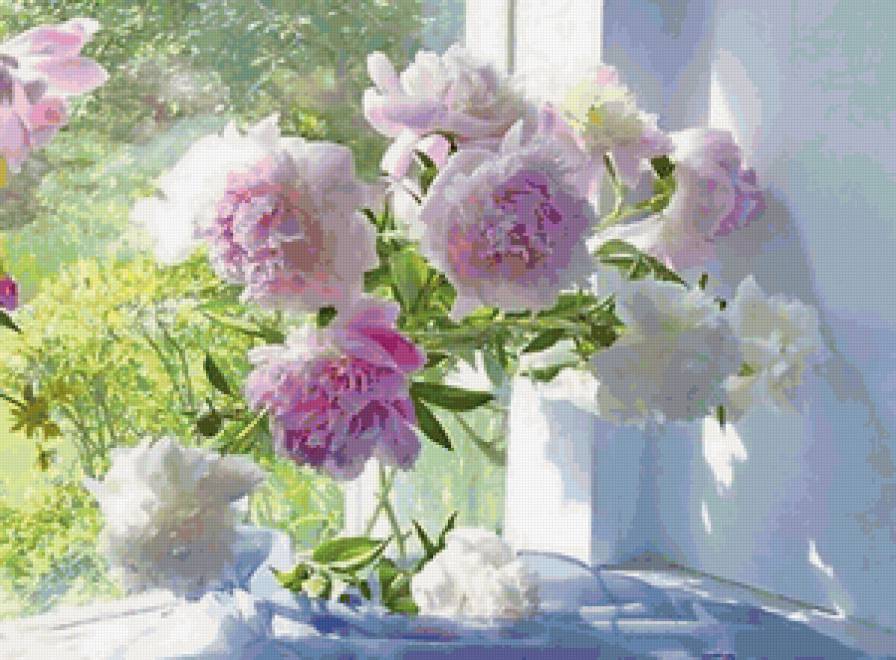 Доброе утро! - окно, натюрморт, цветы, пион - предпросмотр