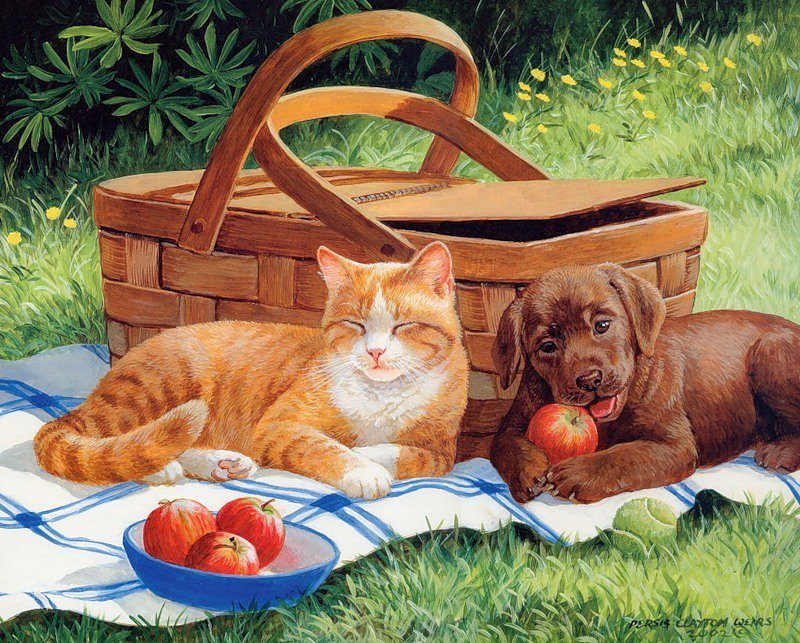 пикник - луг, собака, кот, корзина - оригинал