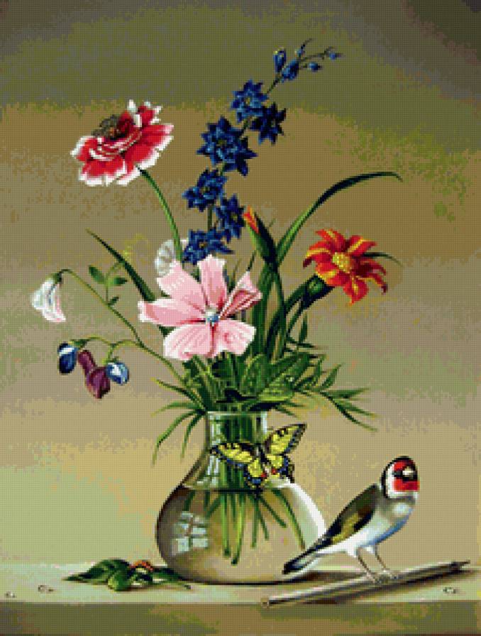 натюрморт - птица, бабочка, цветы, ваза - предпросмотр