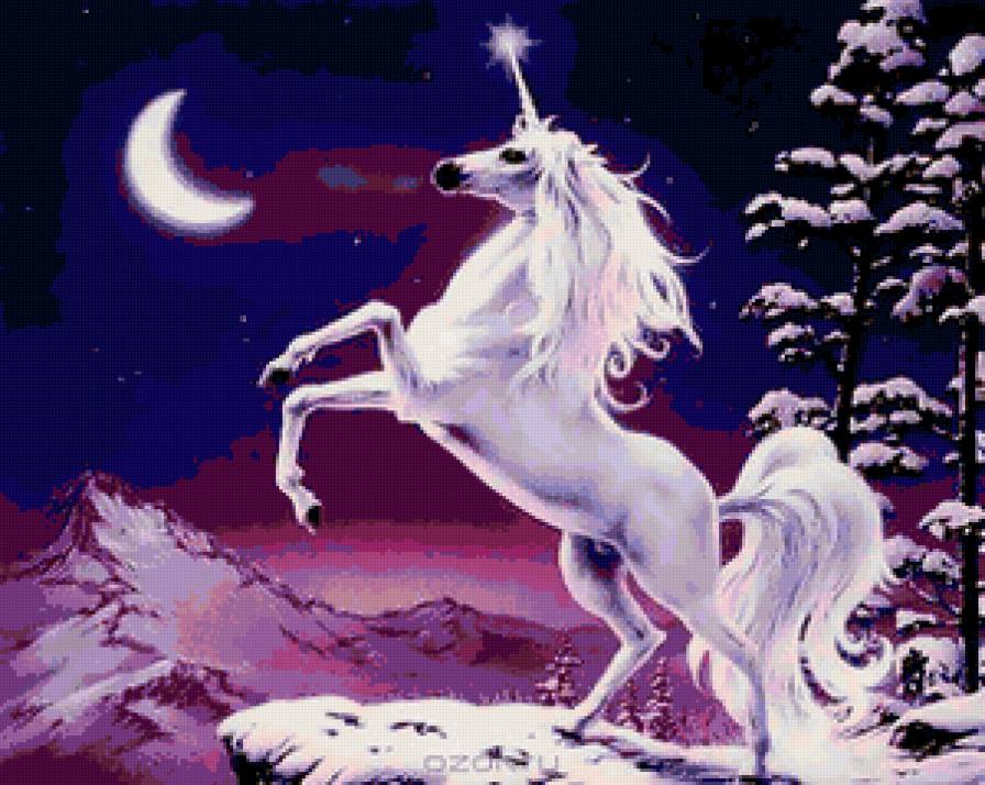 Единорог - зима, легенда. единорог, горы, пейзаж - предпросмотр