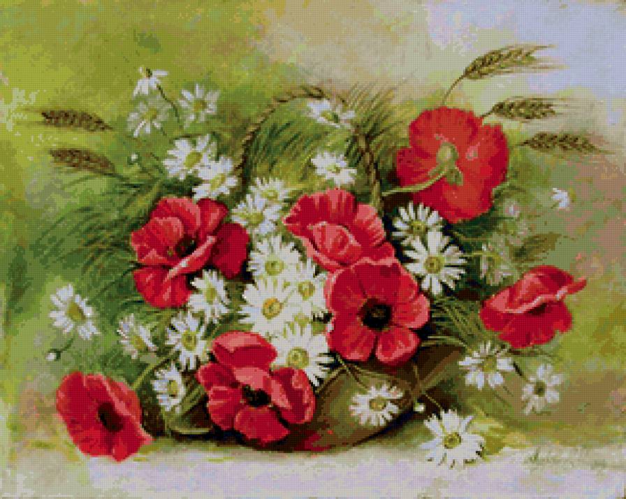 Корзина с ромашками и маками - ромашки, маки, цветы.букет - предпросмотр