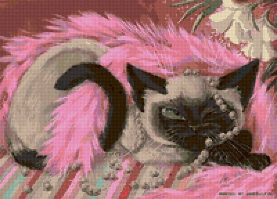 Кошка в розовом боа. - коты.картины - предпросмотр