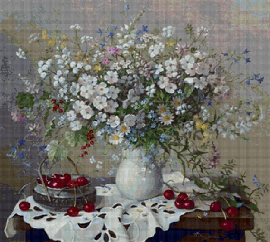 букет - букет, , вишня, натюрморт, цветы, ягоды - предпросмотр