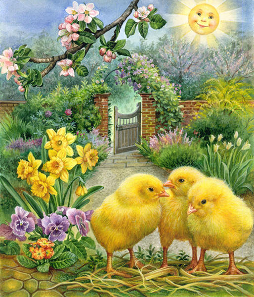 цыплята - двор, цыплята, цветы, солнце - оригинал