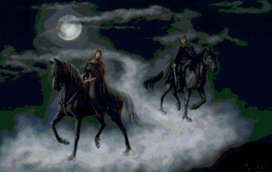 Ночные всадники - кони, животные, люди, лошади, пейзаж - предпросмотр