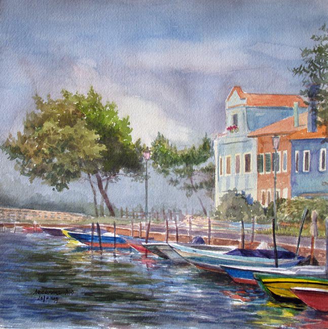 Серия "Пейзажи" - пейзаж, домик, яхты, река, город - оригинал