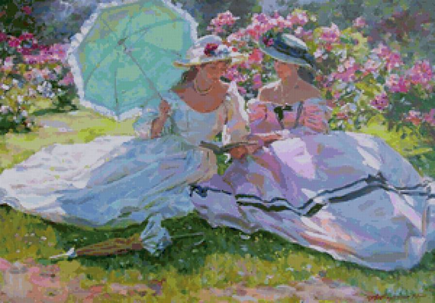 Две девушки с книгой - девушки, аверин, женщина, девушка, картина, книга, зонтик - предпросмотр