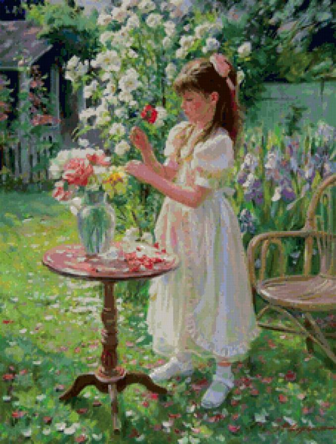 Девочка с цветами - аверин, ребенок, цветы, ваза, девочка, картина - предпросмотр