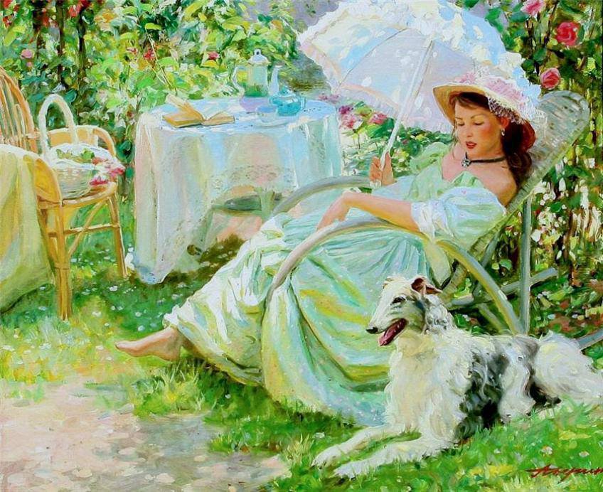 Девушка с собакой - женщина, собака, девушка, аверин, зонтик, картина - оригинал