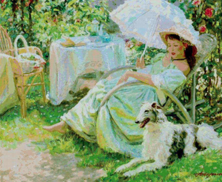 Девушка с собакой - женщина, девушка, картина, зонтик, собака, аверин - предпросмотр