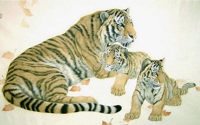 Тигры. Мама с малышами - дикие хищные кошки, малыши, животные, тигр, кошки, гохуа - оригинал