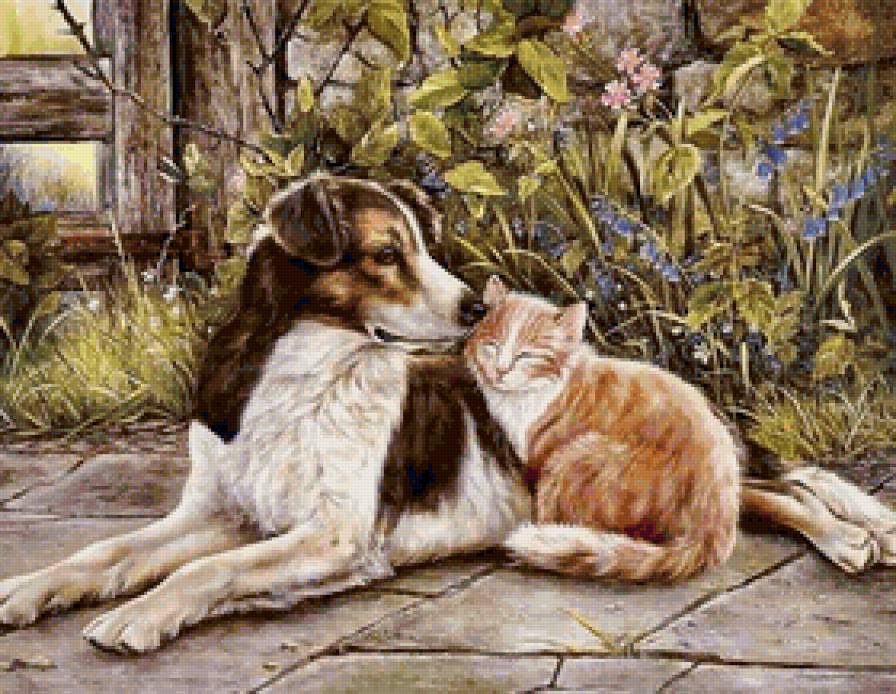 Серия СОБАКИ. Живопись. - собака, сон, кошка, дружба, животные, двое - предпросмотр