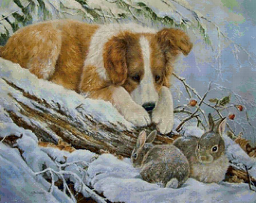 Серия СОБАКИ. Живопись. - собака, снег, животные, заяц - предпросмотр