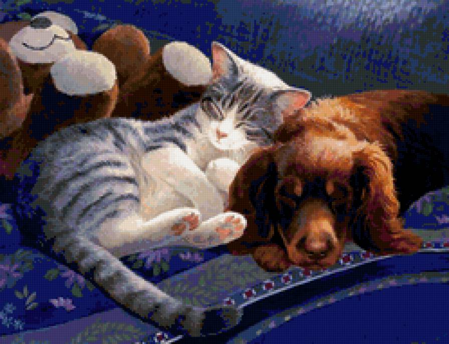 Серия СОБАКИ. Живопись. - кошка, двое, животные, дружба, сон, собака - предпросмотр