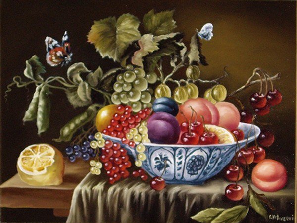 Натюрморт с фруктами - живопись, ягоды, лимон, виноград, фрукты - оригинал