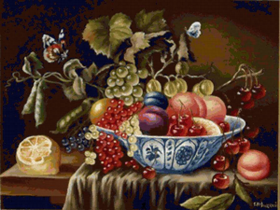 Натюрморт с фруктами - виноград, фрукты, ягоды, живопись, лимон - предпросмотр