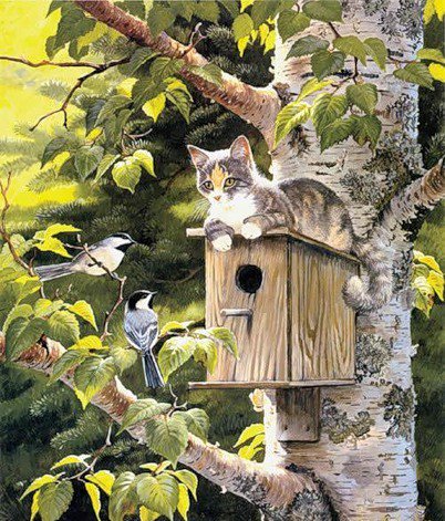 Серия КОШКИ. Живопись. - животные, лес, кошка, птица, природа - оригинал